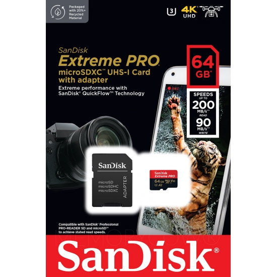 SanDisk 64GB Extreme Pro Micro SD (SDXC) Card U3, V30, A2, 200MB/s R, 90MB/s W