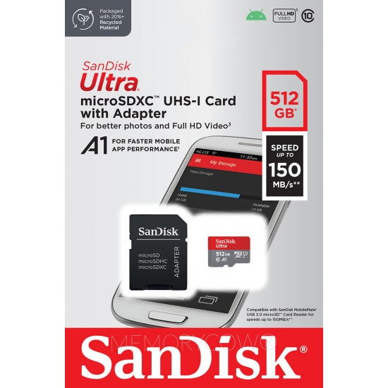 SanDisk 512GB Ultra Micro SD (SDXC) Card A1, 150MB/s R, 10MB/s W